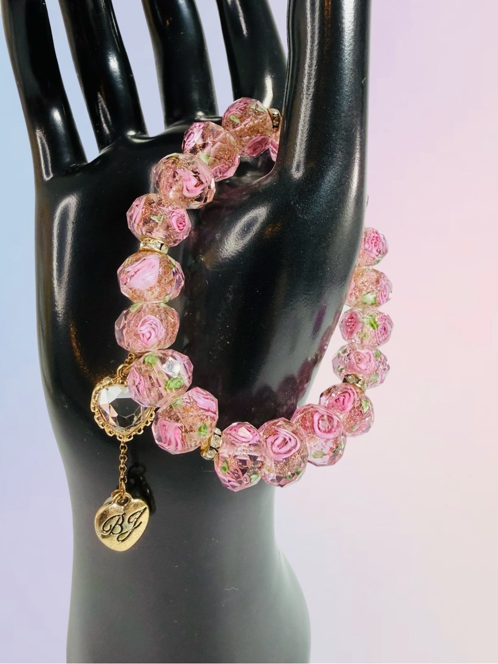 Betsey Johnson Pink Floral Glass Beaded Stretch Bracelet Rose Heart Crystal 6.5”